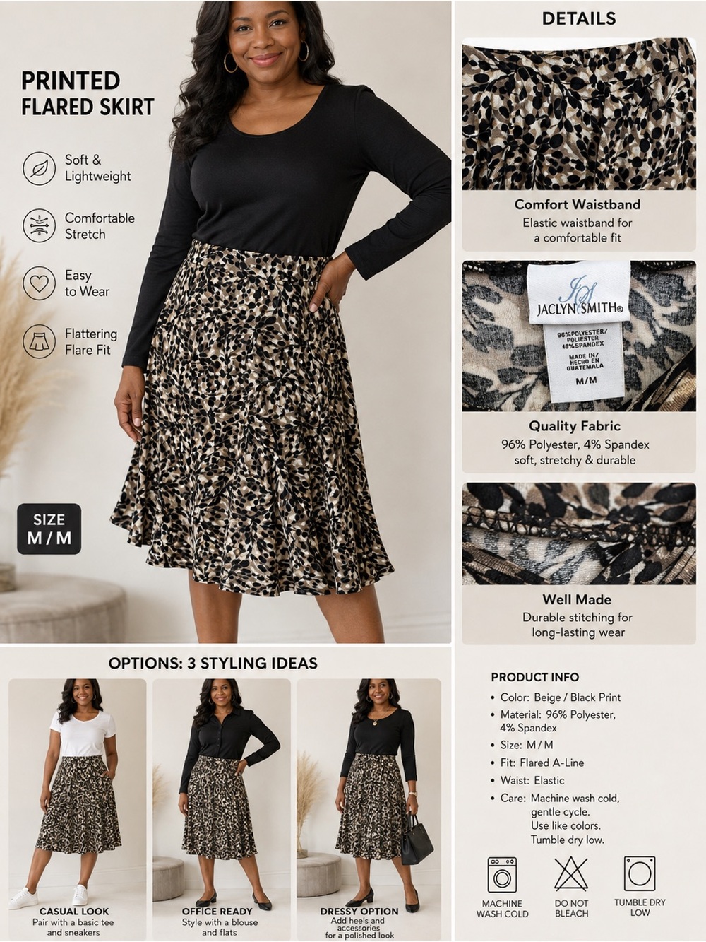 Jaclyn Smith Beige and Black Printed A-Line Skirt